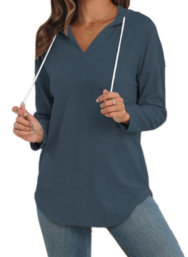 Poetsky Lightweight Athletic Hoodies for Women Long Sleeve V Neck Hooded Sweatshirts (Blue M), Blue, M - Image 3