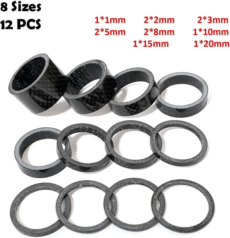 Farbetter 12 Pieces Bike Carbon Fiber Headset Spacer Bicycle Stem Spacer Kit 1-1/8 Inch 20/15/10/8/5/3/2/1mm, 8 Sizes - Image 3