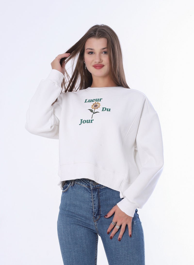 بيبو سويت شيرت نسائي بطبعة، وأكمام طويلة_ابيض - Image 1