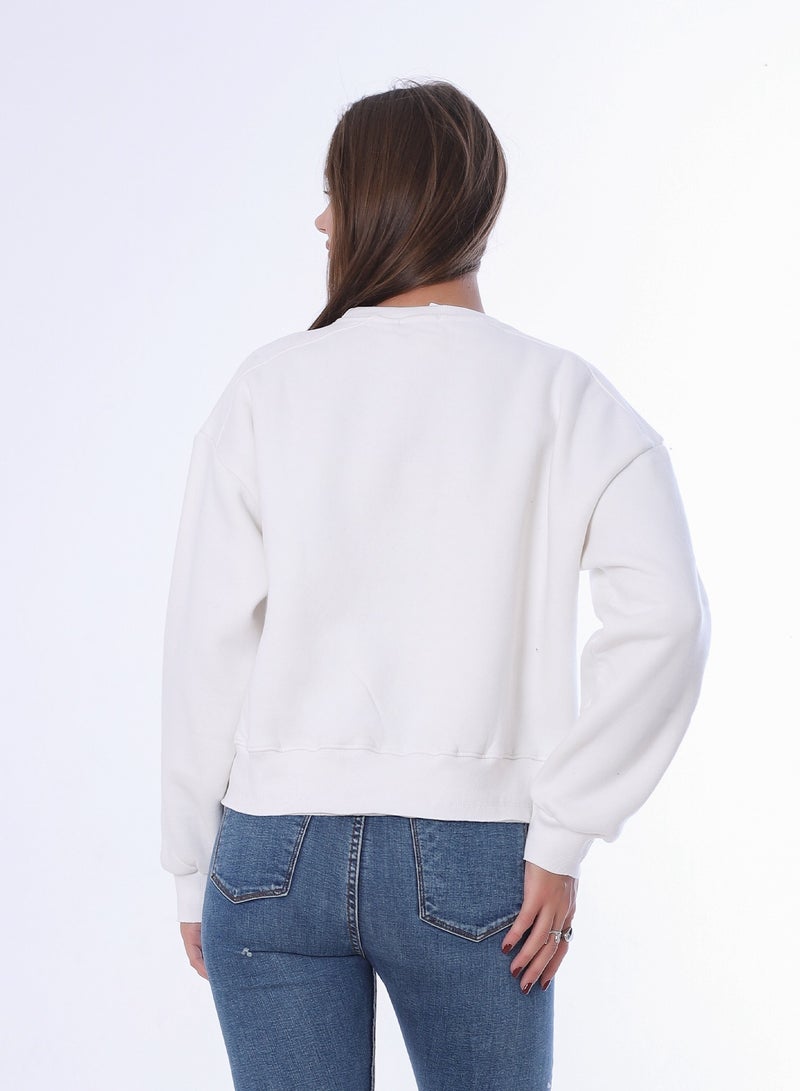 بيبو سويت شيرت نسائي بطبعة، وأكمام طويلة_ابيض - Image 2