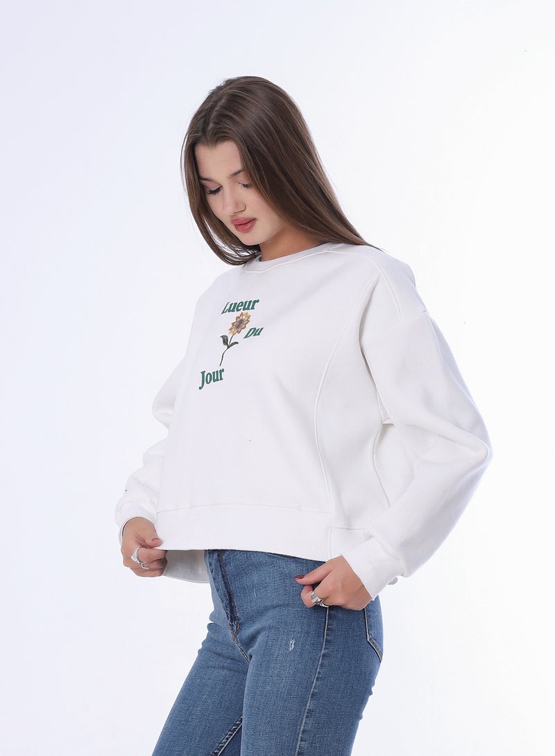 بيبو سويت شيرت نسائي بطبعة، وأكمام طويلة_ابيض - Image 3