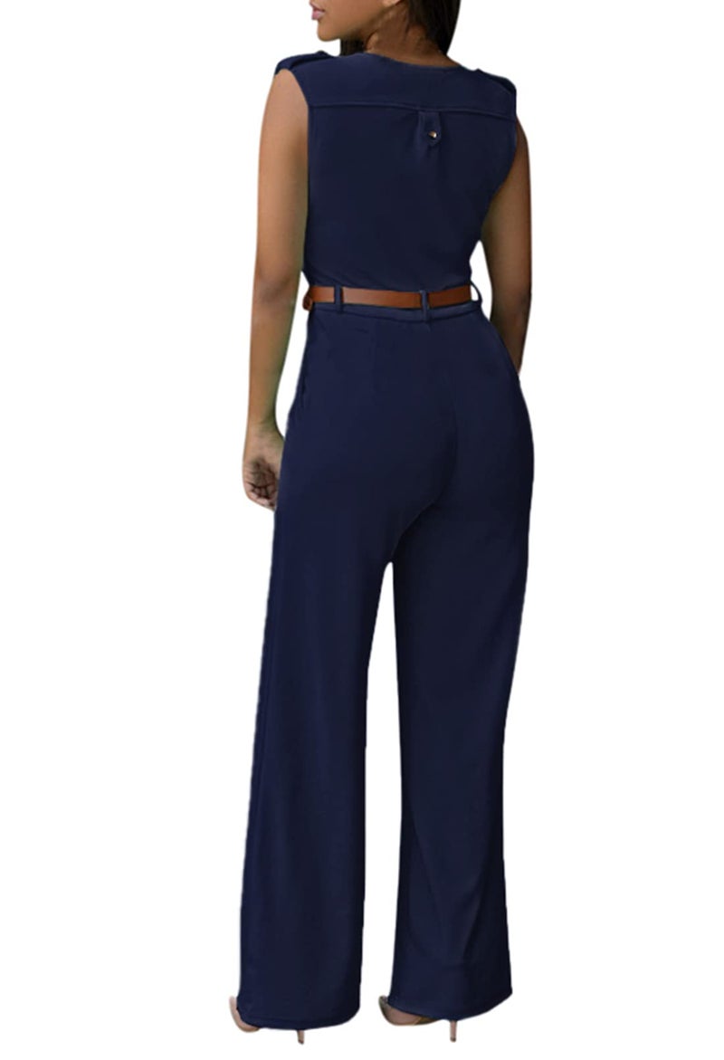 Pink Queen Jumpsuits For Women Dressy Formal Work Wrap V Neck Wide Leg Long Pants Rompers Pockets Dark Blue L - Image 3