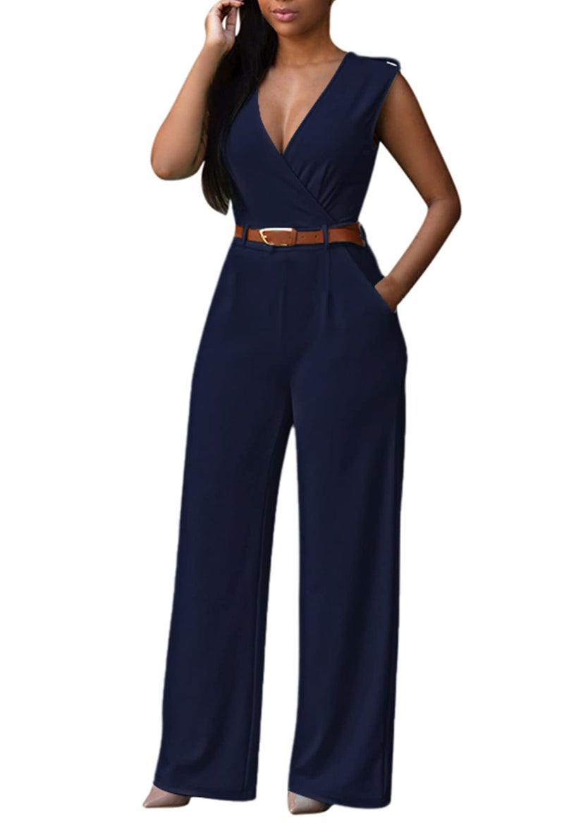Pink Queen Jumpsuits For Women Dressy Formal Work Wrap V Neck Wide Leg Long Pants Rompers Pockets Dark Blue L - Image 2