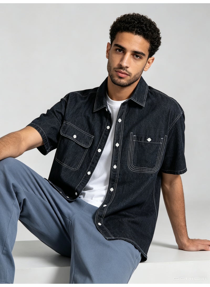 ZARA Men’s Dark Wash Double Pocket Short Sleeve Denim Shirt - Image 1