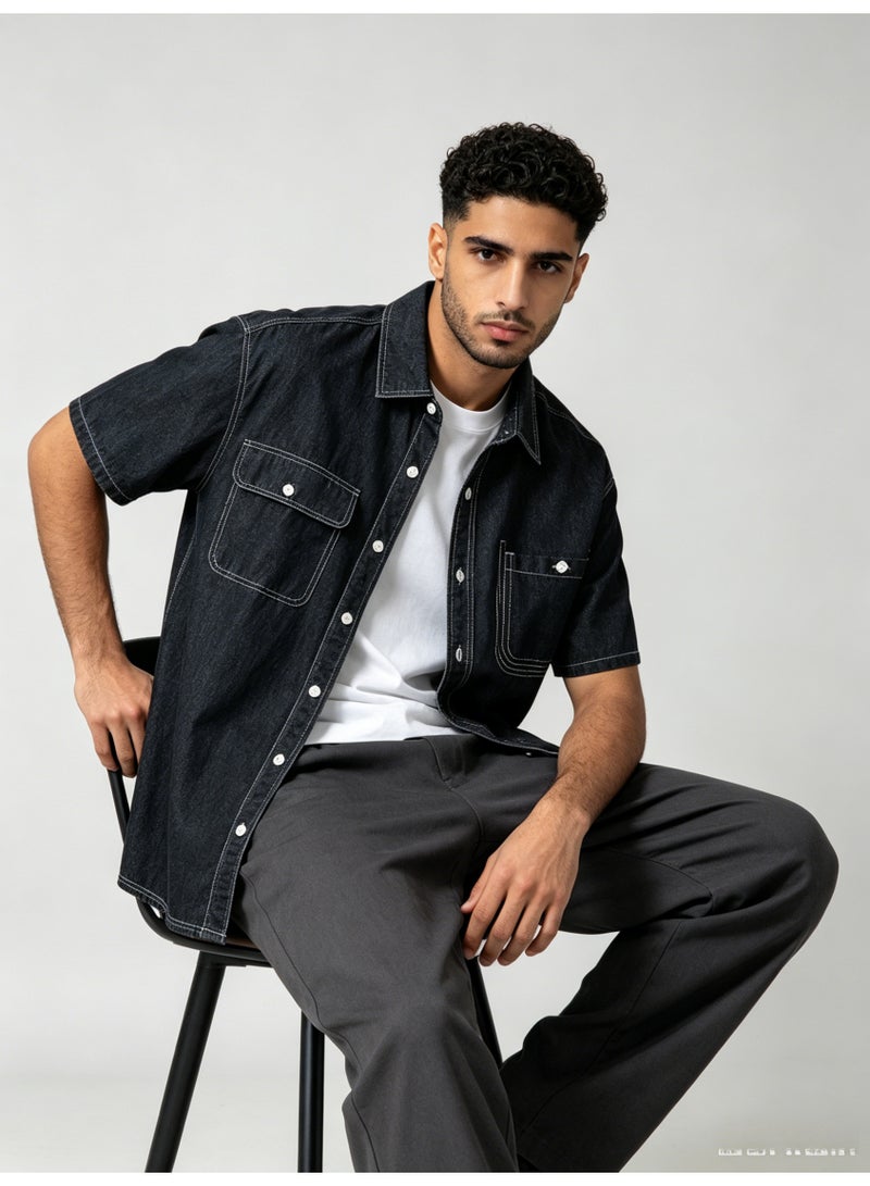 ZARA Men’s Dark Wash Double Pocket Short Sleeve Denim Shirt - Image 3