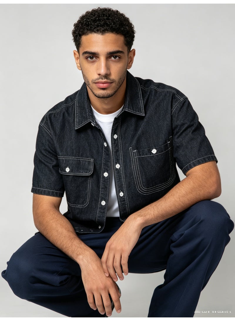 ZARA Men’s Dark Wash Double Pocket Short Sleeve Denim Shirt - Image 4