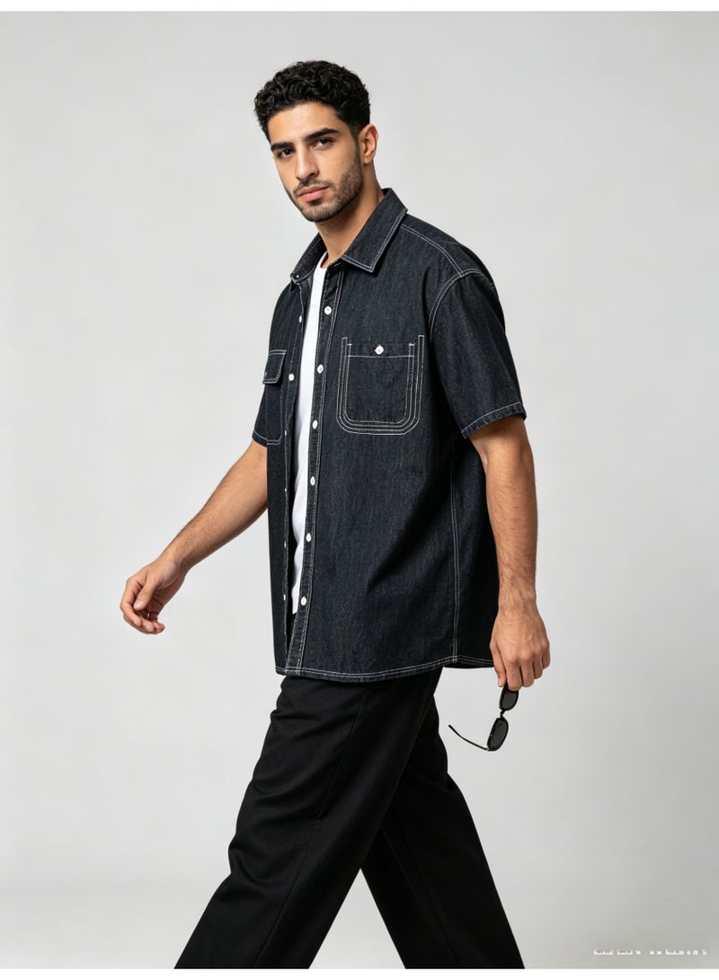 ZARA Men’s Dark Wash Double Pocket Short Sleeve Denim Shirt - Image 2
