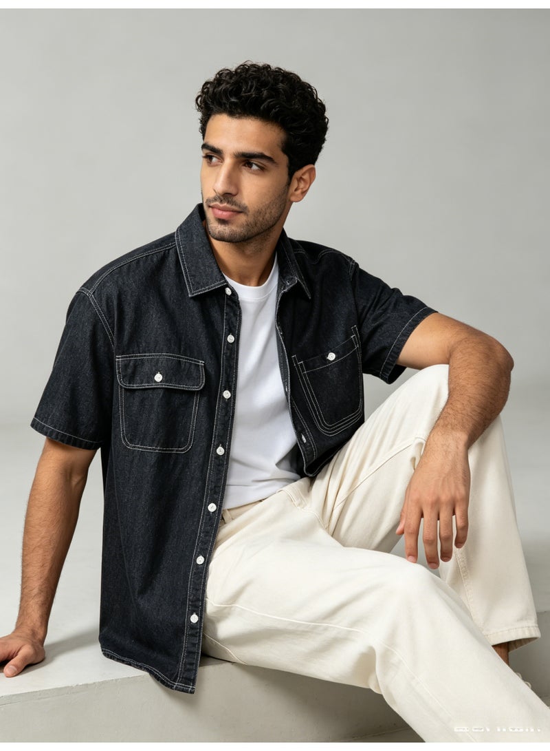 ZARA Men’s Dark Wash Double Pocket Short Sleeve Denim Shirt - Image 5