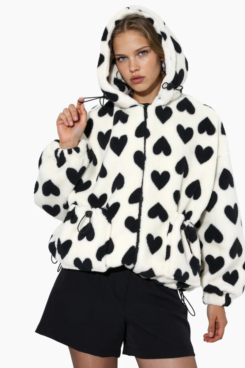 Hiccup Heart Patterned Sherpa Jacket