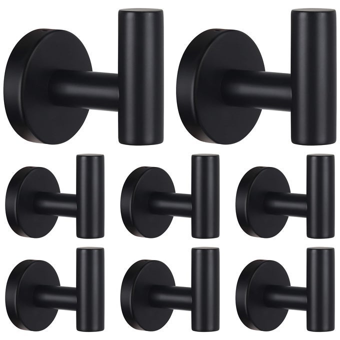 BATHROOM ROBE TOWEL HOOKS COAT MATTE BLACK WALL HOOK STAINLESS STEEL HEAVY DUTY DOOR HANGER TOWEL ROBE CLOTHES CABINET CLOSET SPONGES HOOK FOR BATHROOM BEDROOM KITCHEN HOTEL POOL 8 PACKS