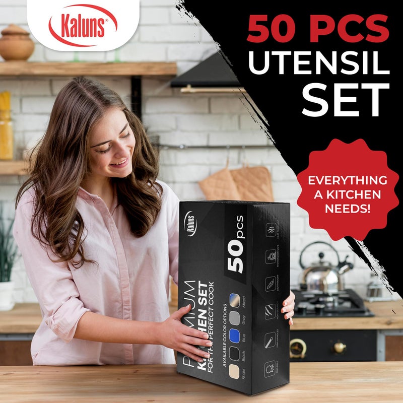 Kaluns 50 PCS Silicone Kitchen Utensils Set Complete Kitchen Set - 800Â°F Heat Resistant Non-Stick Premium Cooking Utensils W Wooden Handles - Can Opener, Masher, Turner, Silicone Spatula Set - Image 4