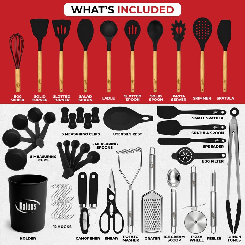 Kaluns 50 PCS Silicone Kitchen Utensils Set Complete Kitchen Set - 800Â°F Heat Resistant Non-Stick Premium Cooking Utensils W Wooden Handles - Can Opener, Masher, Turner, Silicone Spatula Set - Image 3