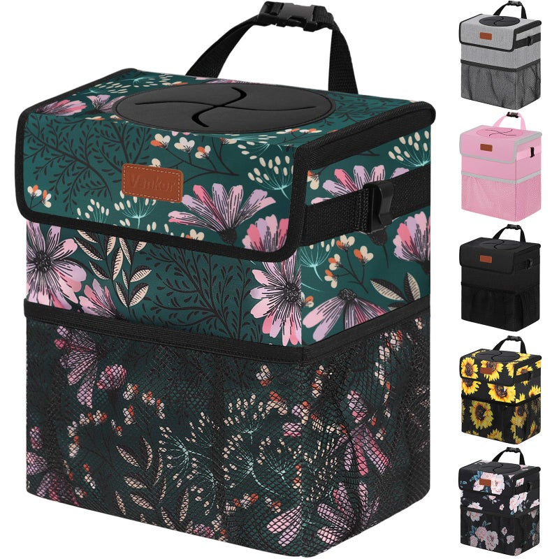 Vankor Car Trash Can for Car Cute Bag Bin Hanging Waterproof Automotive Garbage Cans Leak Proof Vehicle Trash Can Navy Floral - Image 2