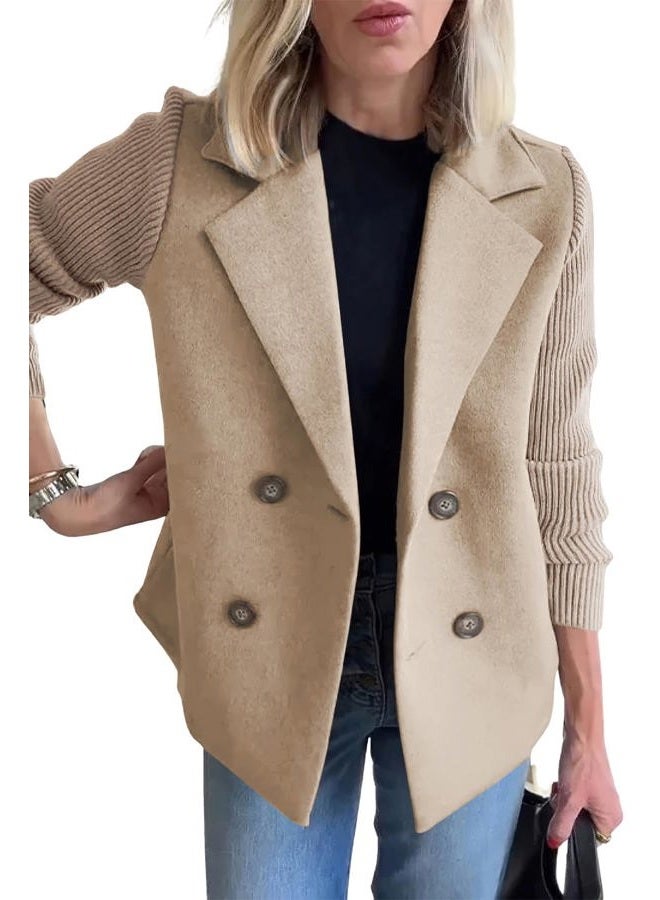 ebossy Women's Double Breasted Wool Pea Coat Notched Lapel Ribbed Knit Long Sleeve Sweater Short Blazer Jacket, Khaki, XXL - Image 1