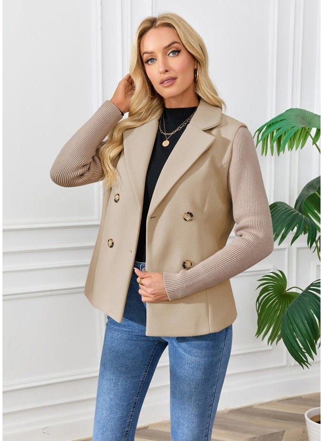 ebossy Women's Double Breasted Wool Pea Coat Notched Lapel Ribbed Knit Long Sleeve Sweater Short Blazer Jacket, Khaki, XXL - Image 3