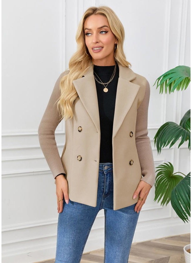 ebossy Women's Double Breasted Wool Pea Coat Notched Lapel Ribbed Knit Long Sleeve Sweater Short Blazer Jacket, Khaki, XXL - Image 4