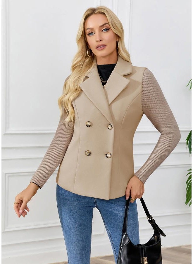ebossy Women's Double Breasted Wool Pea Coat Notched Lapel Ribbed Knit Long Sleeve Sweater Short Blazer Jacket, Khaki, XXL - Image 5