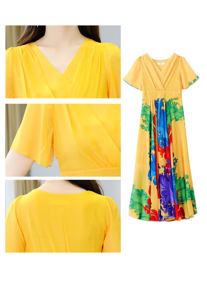 We Happy Womens V Neck Maxi Dress, Floral Chiffon Summer Beach Boho Long Dress for Wedding, Party, Prom, Vacation - Elegant Slim Fit Ruffle Hem Gown  - Image 4