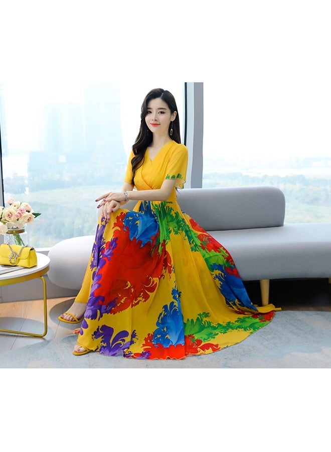 We Happy Womens V Neck Maxi Dress, Floral Chiffon Summer Beach Boho Long Dress for Wedding, Party, Prom, Vacation - Elegant Slim Fit Ruffle Hem Gown  - Image 1