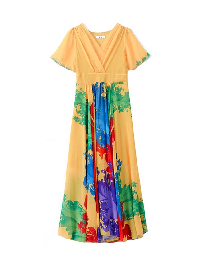 We Happy Womens V Neck Maxi Dress, Floral Chiffon Summer Beach Boho Long Dress for Wedding, Party, Prom, Vacation - Elegant Slim Fit Ruffle Hem Gown  - Image 2