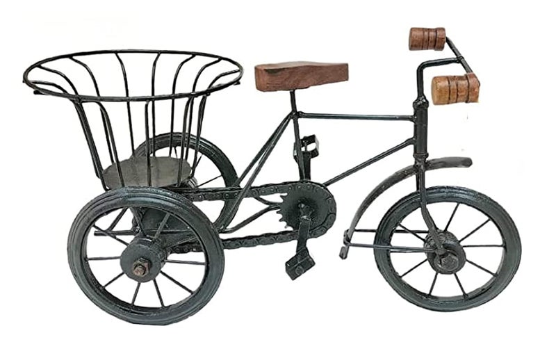 NK Traders Antique Wooden and Wrought Iron Mini Rickshaw Showpiece for Living Room Home Desktop Decor Showpiece for Living Room Black in Colour  - Image 1