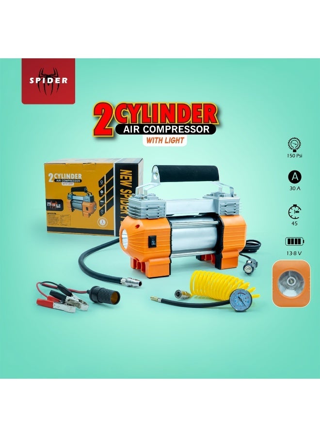 ضاغط هواء "سبايدر بلس" (Spider Plus) الجديد بجهد 12 فولت، مزود بأسطوانتين ومصباح LED؛ مضخة نفخ إطارات محمولة بقوة 150 PSI؛ مضخة هواء شديدة التحمل تشمل خرطومًا بطول 5 أمتار، ومشابك توصيل بالبطارية، ومقياس ضغط، وحقيبة حمل؛ مناسبة للسيارات، وسيارات الدفع الرباعي (SUV)، والشاحنات، ومركبات الطرق الوعرة. - Image 2