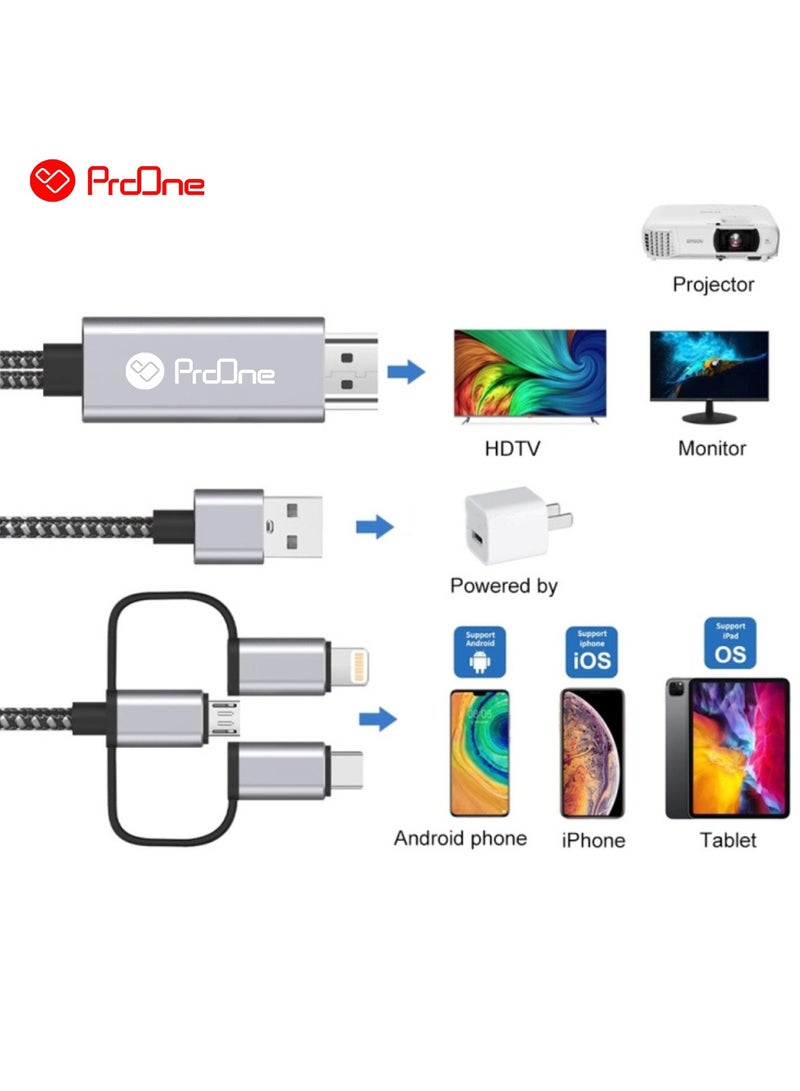 ProOne ProOne PCH70 3-in-1 HDTV Cable for Lightning, Micro USB, and Type-C Connectors, Full HD 1080p, Plug & Play, 8-Channel Digital Audio  - Image 3