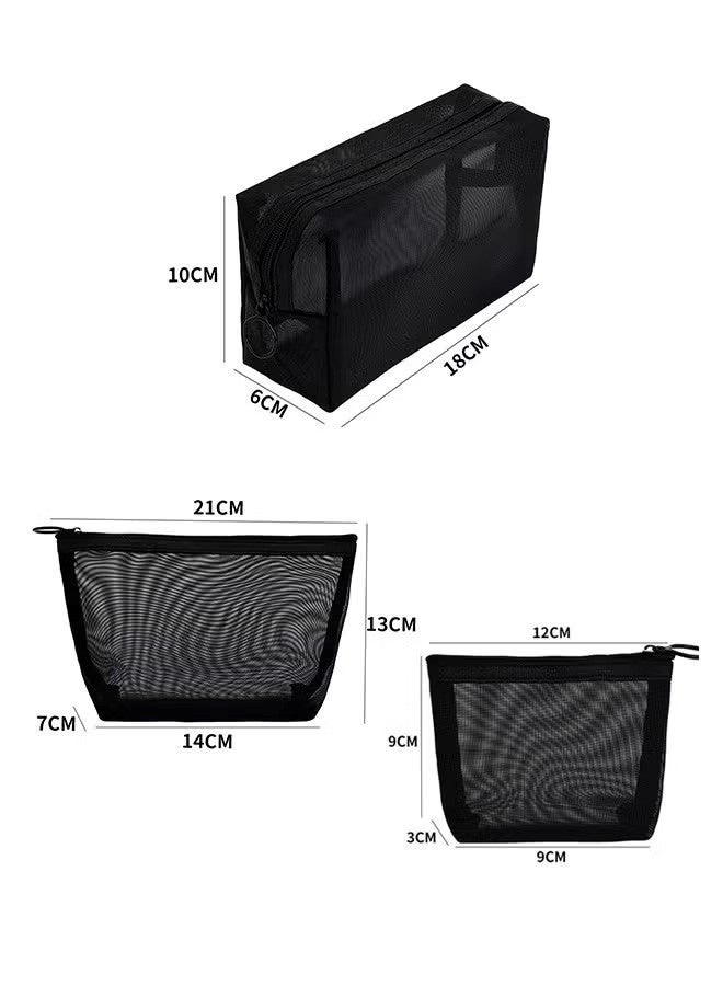 3 Pieces Mesh Cosmetic Bag, Makeup Bags, Zipper Pouch for Offices Travel Accessories, 3 Sizes (Black) - Image 3