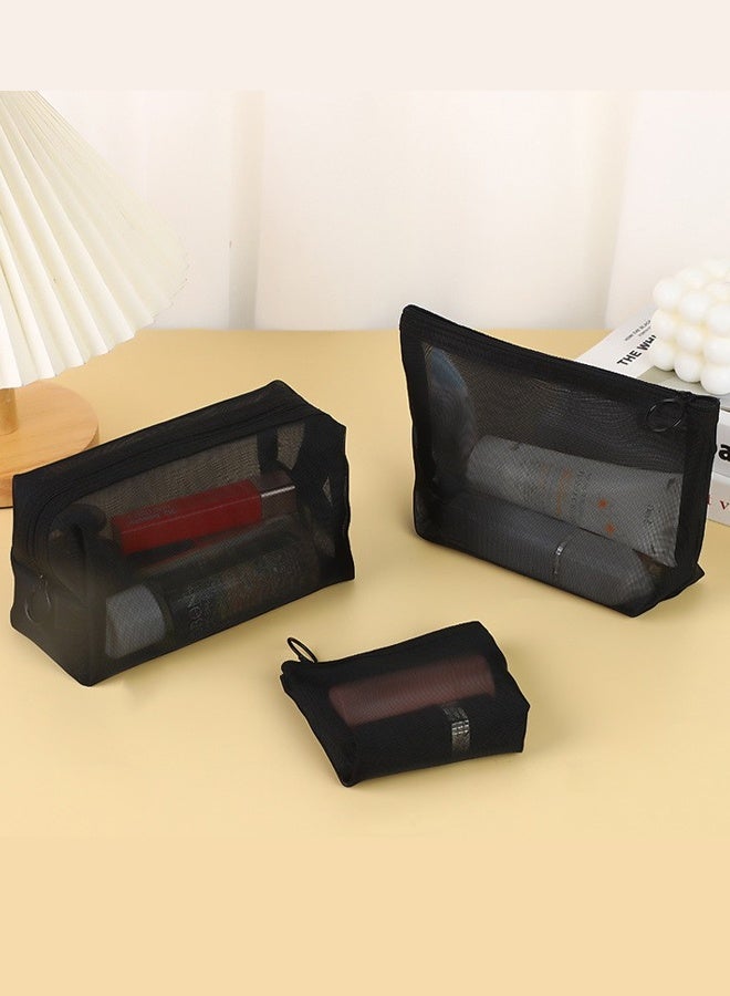 3 Pieces Mesh Cosmetic Bag, Makeup Bags, Zipper Pouch for Offices Travel Accessories, 3 Sizes (Black) - Image 5
