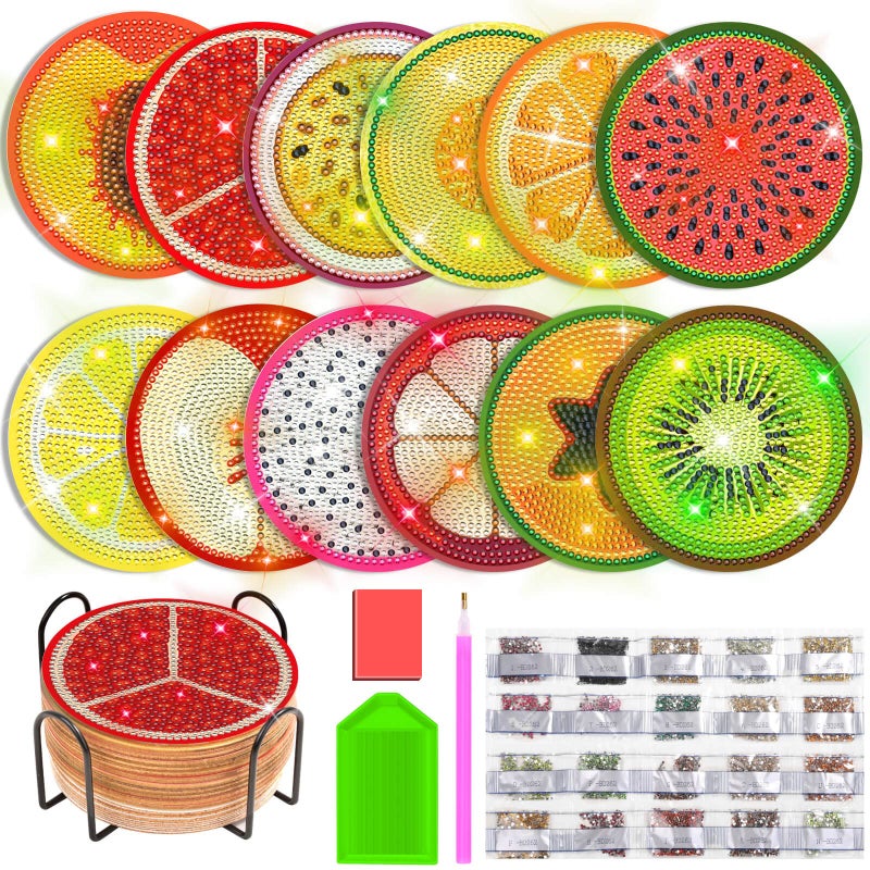 Billbotk 12 Pieces Diamond Art Painting Coasters Kit with Holder Diamond Art Coasters DIY Diamond Crafts Projects Diamond Dot Kits for Adults and BeginnersFruit Style