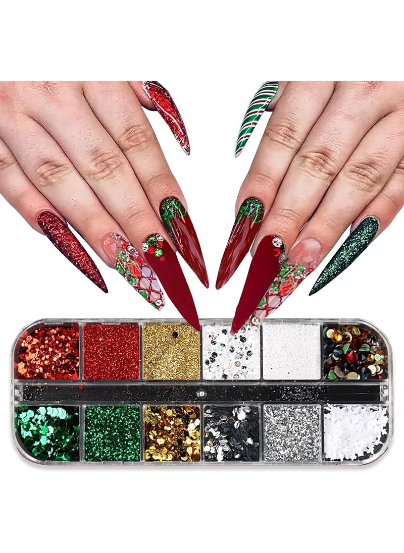 BASEMMAHER Christmas Nail Art Charms Glitter Sequins Red Green Chrome Powder Dust Winter Jewelry Snowflake Rhinestones Set for Women Girls Face Hair Body Nails DIY Design Decoration 