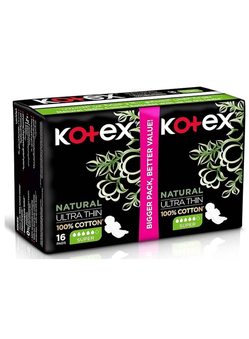 كوتكس فوط صحية طبيعية فائقة النحافة للأيام ذات التدفق المتوسط ​​إلى الغزير، عبوة من 16 فوطة صحية - Image 1
