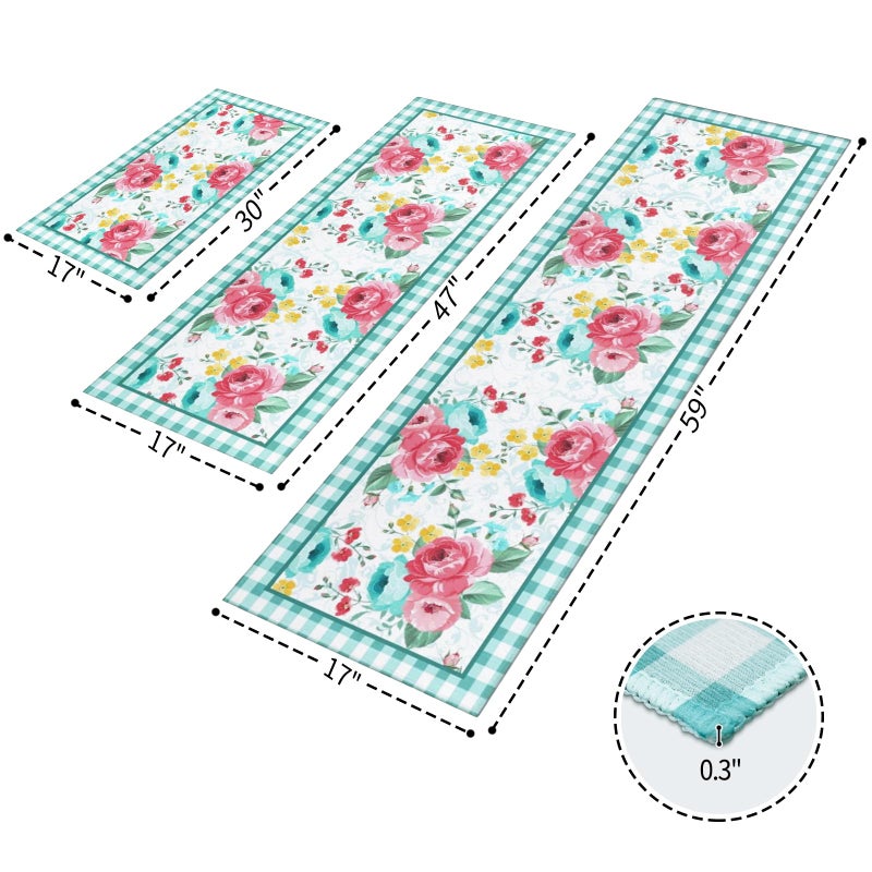 Mofvugz Red Teal Floral Kitchen Rugs and Mats Non-Skid Washable for Floor, Floral Teal Kitchen Decor and Accessories Kitchen Mat Set of 3, 17"x30"+17"x47"+17"x59" - Image 3