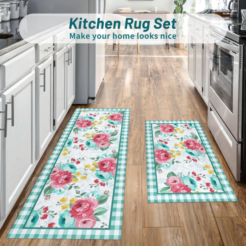 Mofvugz Red Teal Floral Kitchen Rugs and Mats Non-Skid Washable for Floor, Floral Teal Kitchen Decor and Accessories Kitchen Mat Set of 3, 17"x30"+17"x47"+17"x59" - Image 2