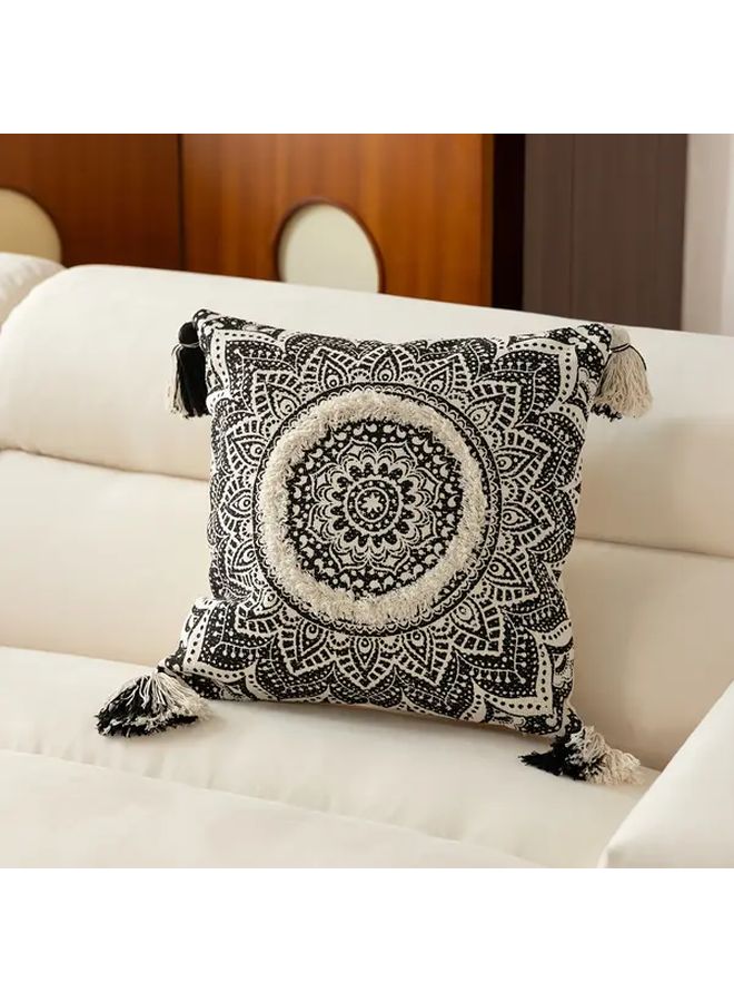 1pc Black Mandala Bohemian Fringe Pillow Cover Square Tassel Trim Zip Closure For Sofa Bed Chair Easy Clean Accent Cushion 17.72x17.72 Inch - Image 2