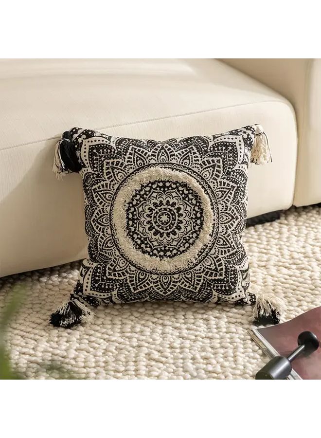 1pc Black Mandala Bohemian Fringe Pillow Cover Square Tassel Trim Zip Closure For Sofa Bed Chair Easy Clean Accent Cushion 17.72x17.72 Inch - Image 1