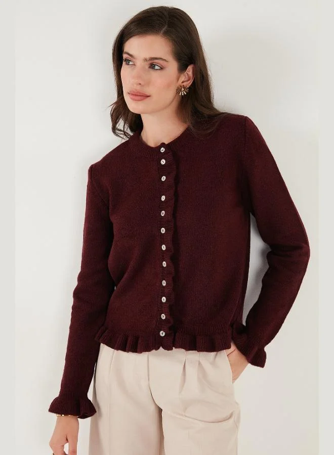 Lela Lela Premium Pleated Detailed Regular Fit Round Neck Knitwear Women's Cardigan 680HI00038