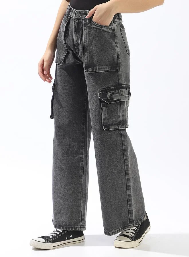 Hubberholme Women's Grey 100% Cotton Textured Full Wide Leg Jeans