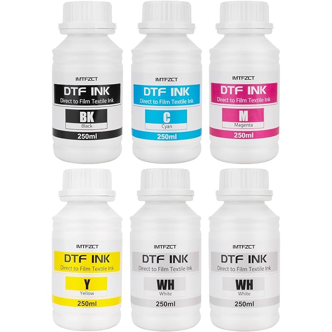 DTF Ink 250MLx 6, Premium DTF Printer Ink for PET Film Heat Transfer, Refill Ink for ET-8550 ET-2850 L1800 XP-15000 P600 P400 F1080 TX800 L800 1430 I3200 DX5 DX7 etc. Printers(2W B C M Y)