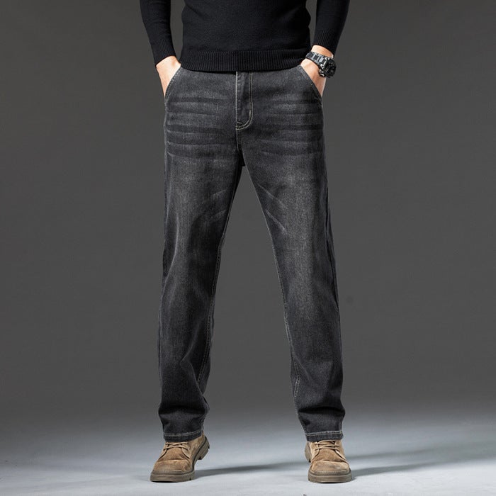 Autumn and Winter fleece-lined Thick Jeans Mens Loose Straight Stretch Middle-aged Autumn and Winter Casual Warm All-match Fashionable Middle-aged Nana gray without velvet 