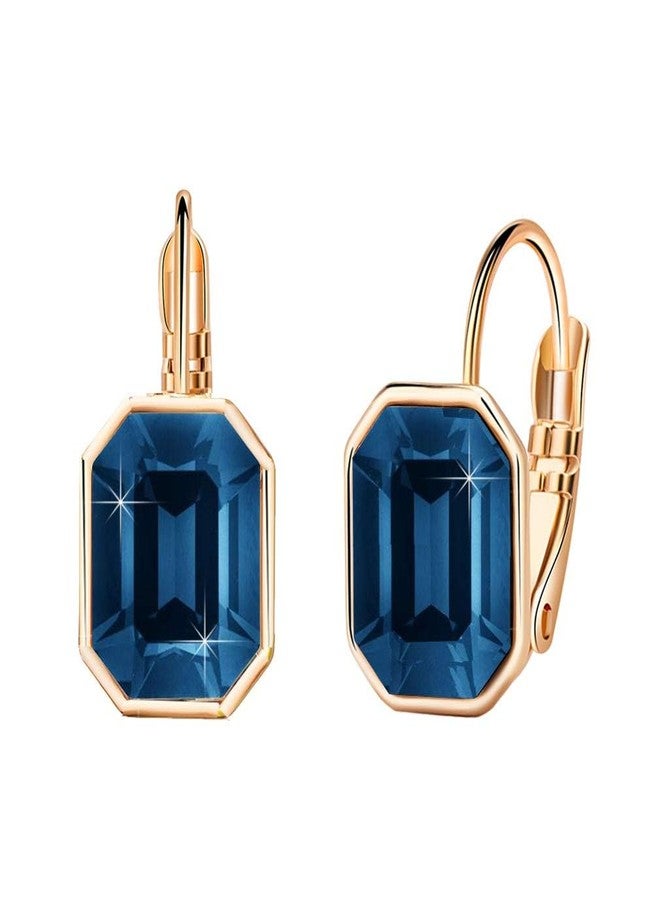 EVEVIC Austrian Crystal Octagon Leverback Drop Earrings for Women 14K Rose Gold Plated Hypoallergenic Jewelry (Dark Blue) - Image 1