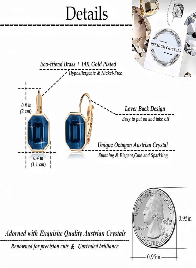 EVEVIC Austrian Crystal Octagon Leverback Drop Earrings for Women 14K Rose Gold Plated Hypoallergenic Jewelry (Dark Blue) - Image 4