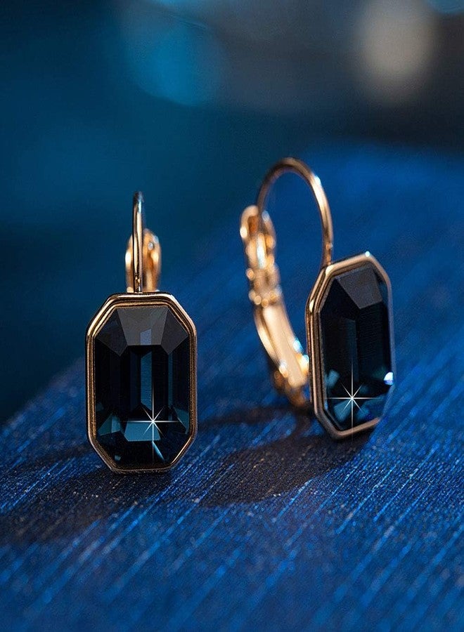 EVEVIC Austrian Crystal Octagon Leverback Drop Earrings for Women 14K Rose Gold Plated Hypoallergenic Jewelry (Dark Blue) - Image 3