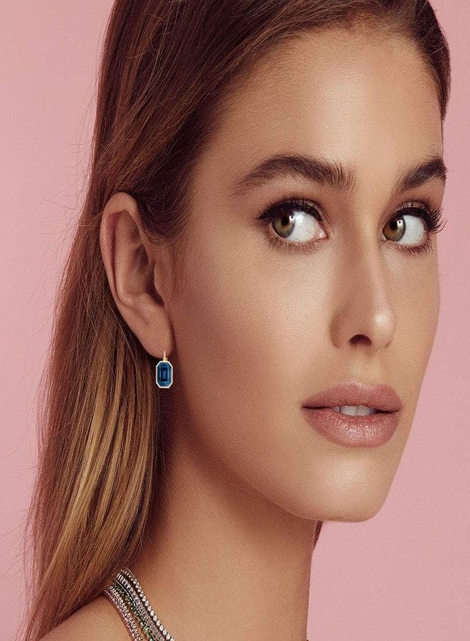EVEVIC Austrian Crystal Octagon Leverback Drop Earrings for Women 14K Rose Gold Plated Hypoallergenic Jewelry (Dark Blue) - Image 2