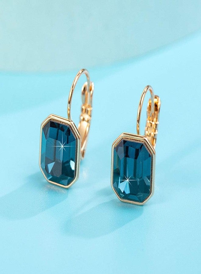 EVEVIC Austrian Crystal Octagon Leverback Drop Earrings for Women 14K Rose Gold Plated Hypoallergenic Jewelry (Dark Blue) - Image 5