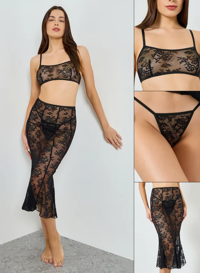 Styli Pack of 3 - Lace Non Padded Bra, Skirt and Brief Set