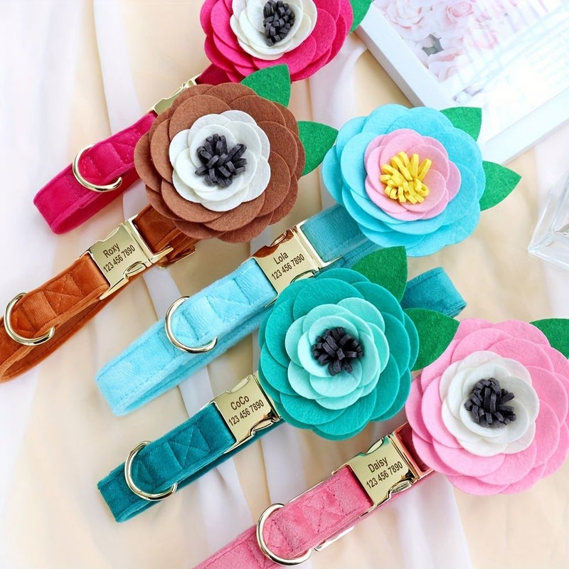 Sky Blue Personalized Soft Dog Collar With Flowers Pet ID Tag Engraved Metal Buckle - Image 3