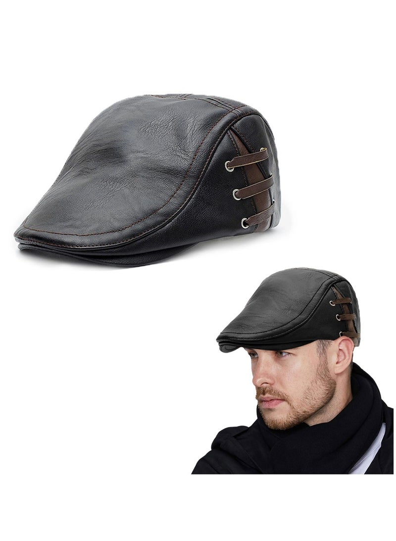 كاست ويف قبعات رجالية، قبعة مسطحة من جلد البولي يوريثان قبعة كلاسيكية بسيطة وقابلة للتعديل قبعة موزع الصحف قبعة منقار البط اللبلاب الأيرلندية المسطحة (الأشرطة السوداء) - Image 1