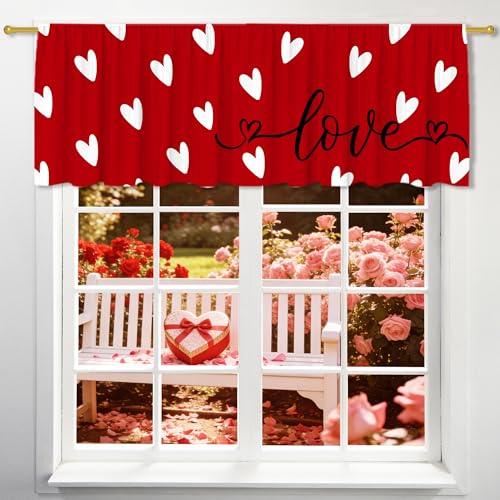 FUTBU Valentine's Day Valance for Windows, Small Love Kitchen Decor Valance Curtain Rod Pocket Classic Country Farmhouse, Valentines Red Love Decorations 18x54 Inch Window Treatment for Bathroom Living Room - Image 1