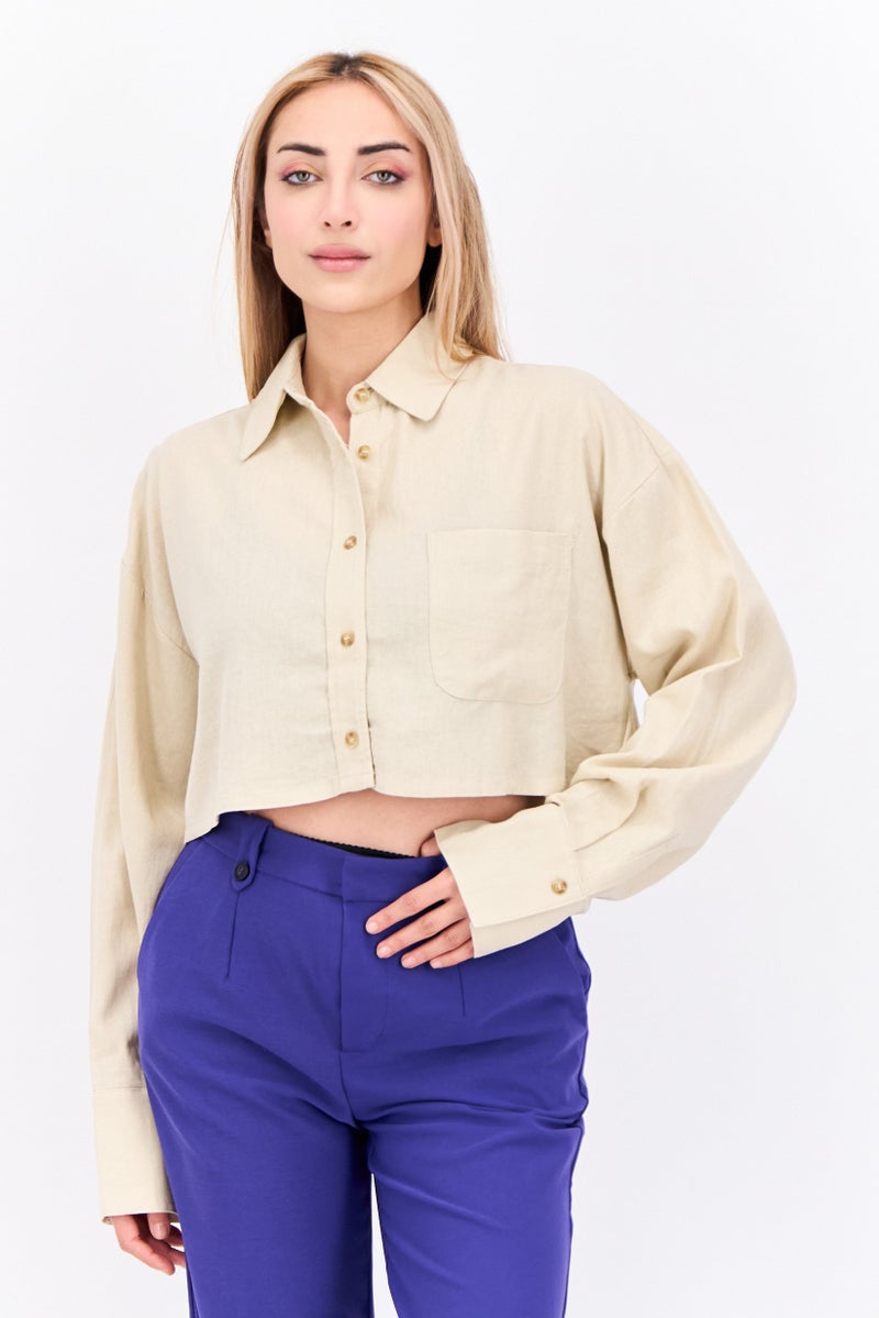 NIA Women Spread Collar Long Sleeve Plain Top, Beige - Image 1